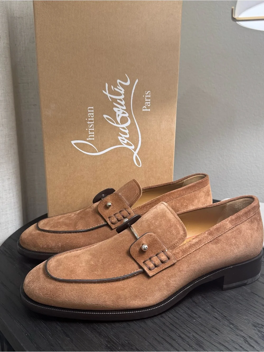 Christian Louboutin Chambelimoc Loafer Dress Shoes Suede Brown 43
